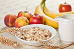 Bowl Of Muesli For Breakfast With Fruits Stock Photo