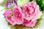 Flowers Bouquet With Pink Roses And Chrisanthemum Stock Photo