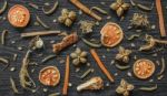 Dried Herbs And Ginseng, Top View Of Thai Herbs And Ginseng On Wooden Floor Stock Photo