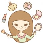 Cute Girl Doing Her Makeup With The Mirror, Cartoon Illustration Stock Photo