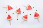 Watermelon Slice Popsicles On White Background Stock Photo