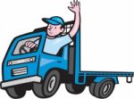 Flatbed Truck Driver Waving Cartoon Stock Photo