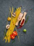 Italian Food Concept. Spaghetti With Ingredients Sweet Basil ,to Stock Photo