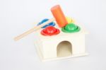 Colorful Hammer Case Wooden Toy On White Table Stock Photo