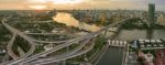 Aerial View Of Bhumiphol Bridge Crossing Chaopraya River Important Landmark And Traffic And Land Transportation In Bangkok Thailand Stock Photo