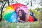 Happy Woman With Umbrella Stock Photo