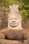 Statue Of Ancient Khmer Warrior Head At Angkor Wat Stock Photo