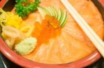 Japanese Rice Box With Salmon Sashimi Stock Photo