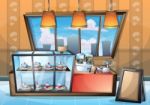 Cartoon  Illustration Interior Cafe Room With Separated Layers Stock Photo