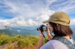 Hiker Teens Girl Taking Picture Stock Photo