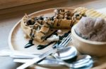 Belgian Waffles With Fruit And Chocolate, Forest Fruit, All Home Stock Photo