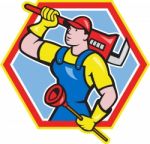 Plumber Holding Plunger Wrench Cartoon Stock Photo