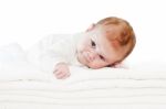 Blue Eyes Baby Boy On White Towels Stock Photo