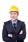 Smiling Architect Wearing A Hardhat Stock Photo