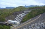 Srinagarind Hydroelectricity Dam Building Below Water Level Stock Photo