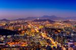 Seoul Cityscape And Seoul Tower At Night. Traffic In Seoul, South Korea Stock Photo