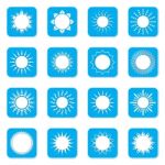 Sun Icon Set. Blue Square Shape.  Illustration Stock Photo