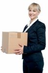 Corporate Woman With A Cardboard Box In Hand Stock Photo