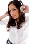 Cute Woman Listening To Music With Headphones Stock Photo