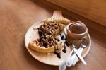 Delicious Sweet Dessert : Homemade Waffle With Chocolate Sauce , Stock Photo