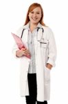 Young Lady Doctor Holding Clipboard Stock Photo