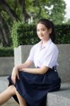 Portrait Of Thai High School Student Uniform Teen Beautiful Girl Happy And Relax, Stock Photo