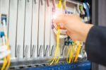 People Fix Node Fiber Optic In Network Room Stock Photo