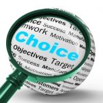 Choice Magnifier Definition Shows Confusion Or Dilemma Stock Photo