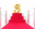 Golden Three On Red Carpet Displays Shiny Stage Or Anniversary P Stock Photo