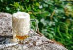 Glass Mug With Beer Standing On The Big Stone Stock Photo