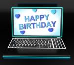 Happy Birthday Greeting On Computer Shows Internet Celebration Stock Photo