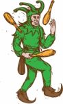 Medieval Jester Juggling Wooden Pins Drawing Stock Photo