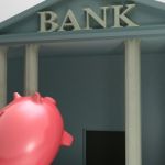 Piggybank Entering Bank Showing Monetary Lift Stock Photo