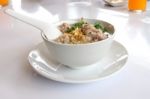 Pork Congee Spoon And Fried Garlic On Morning Table Stock Photo