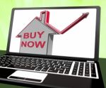 Buy Now House Laptop Shows Real Estate On Market Stock Photo