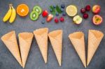 Flat Lay Various Fruits Raspberry ,blueberry ,strawberry ,orange Stock Photo