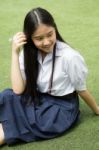 Portrait Of Thai High School Student Uniform Teen Beautiful Girl Happy And Relax, Stock Photo