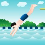 Boy Jumping, Into Water In Pool- Illustration Stock Photo