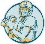 American Football Qb Throwing Circle Etching Stock Photo