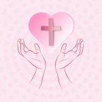 True Cross In Pink Heart Floating Over Human Hand On Pink Backgr Stock Photo