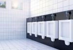 Public Men's Toilet Room Interior With White Urinals Row On White Tiles Wall And Floor, 3d Rendering Stock Photo