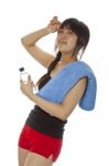 Asian Lady Holding Water Bottle Stock Photo