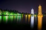 Sun And Moon Pagoda At Guiling - China - Night View Stock Photo