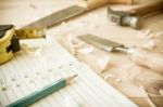 Carpenter Tools On Wood Table Stock Photo