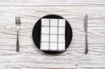 Empty Plate Napkin Fork Knife Silverware White Wooden Table Background Stock Photo