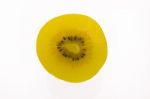 Kiwi Slices Into Half On White Background Stock Photo