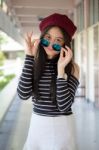 Portrait Of Thai Teen Glasses Beautiful Girl Relax And Smile Stock Photo