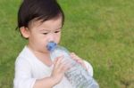 Little Asian Girl  Drinking Water From Plastic Bottle Stock Photo