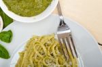 Italian Traditional Basil Pesto Pasta Ingredients Stock Photo