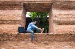 The Man Stands At The Door Stock Photo